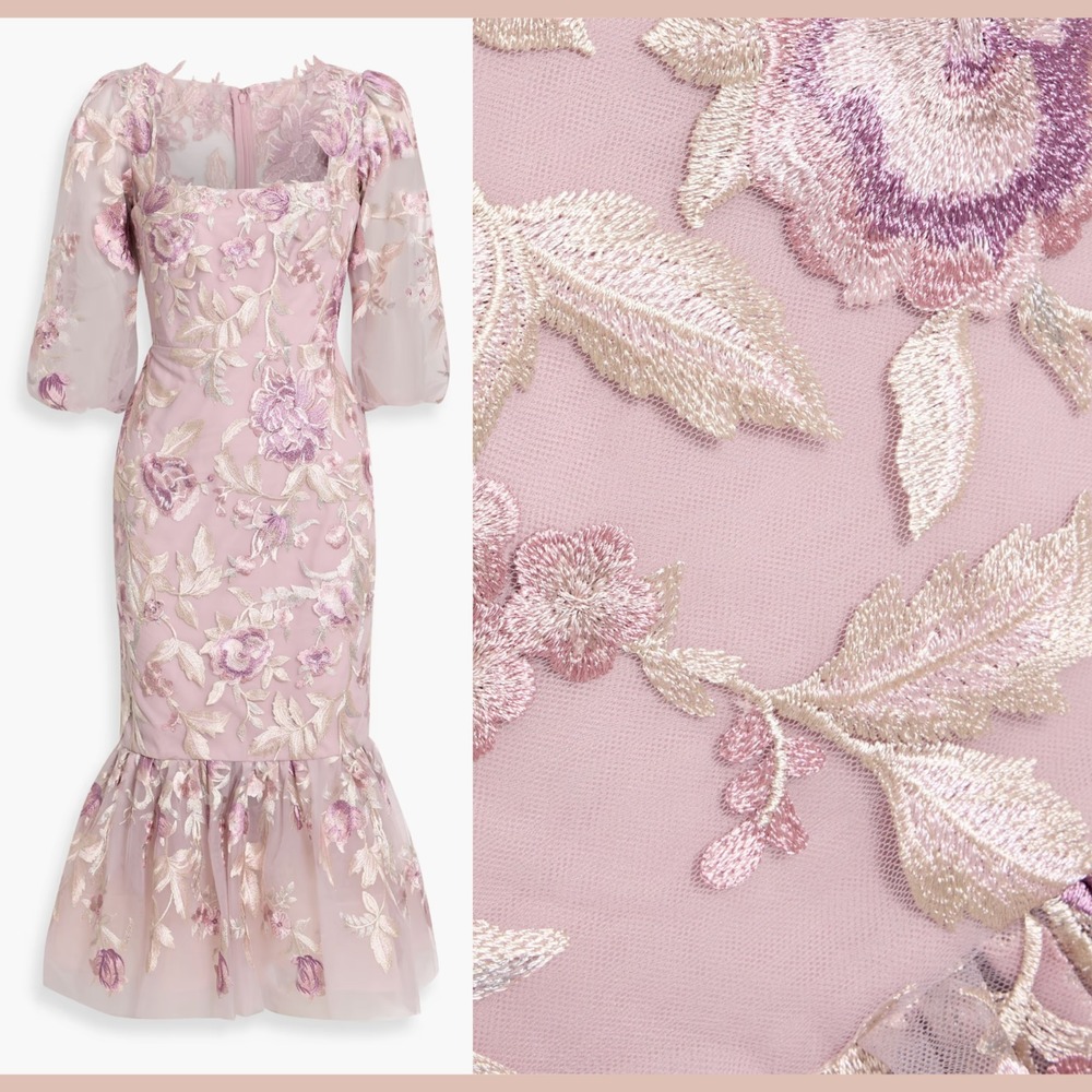 NEW $795 Marchesa Notte [ 6 ] Embroidered Puff Sleeve Midi Dress Rose Pink J2151 - Picture 2 of 15